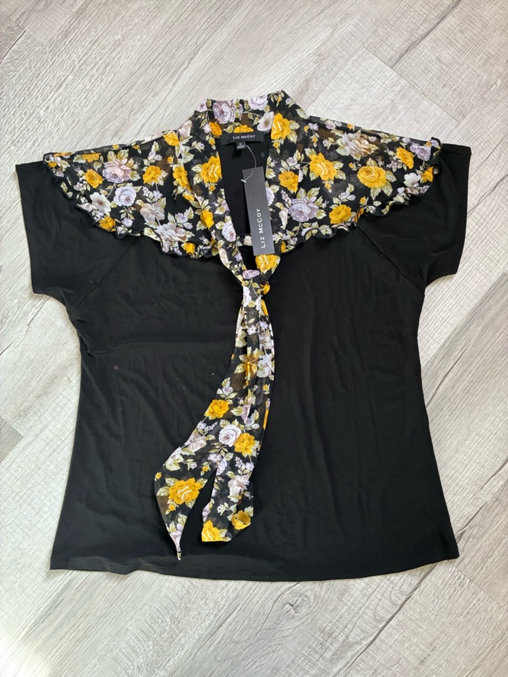 Liz McCoy Black Top with Yellow & Lavender Floral Scarf Collar
